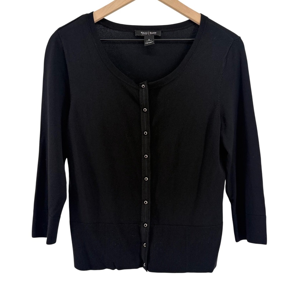 White House Black Market Womens Black Snap Front 3/4 Sleeve Cardigan Sweater S - Picture 2 of 9